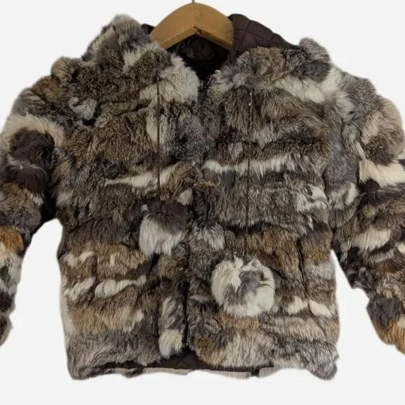 Vintage 1970s Patchwork Rabbit Fur Bomber Jacket The Furworks Brown Neutral
